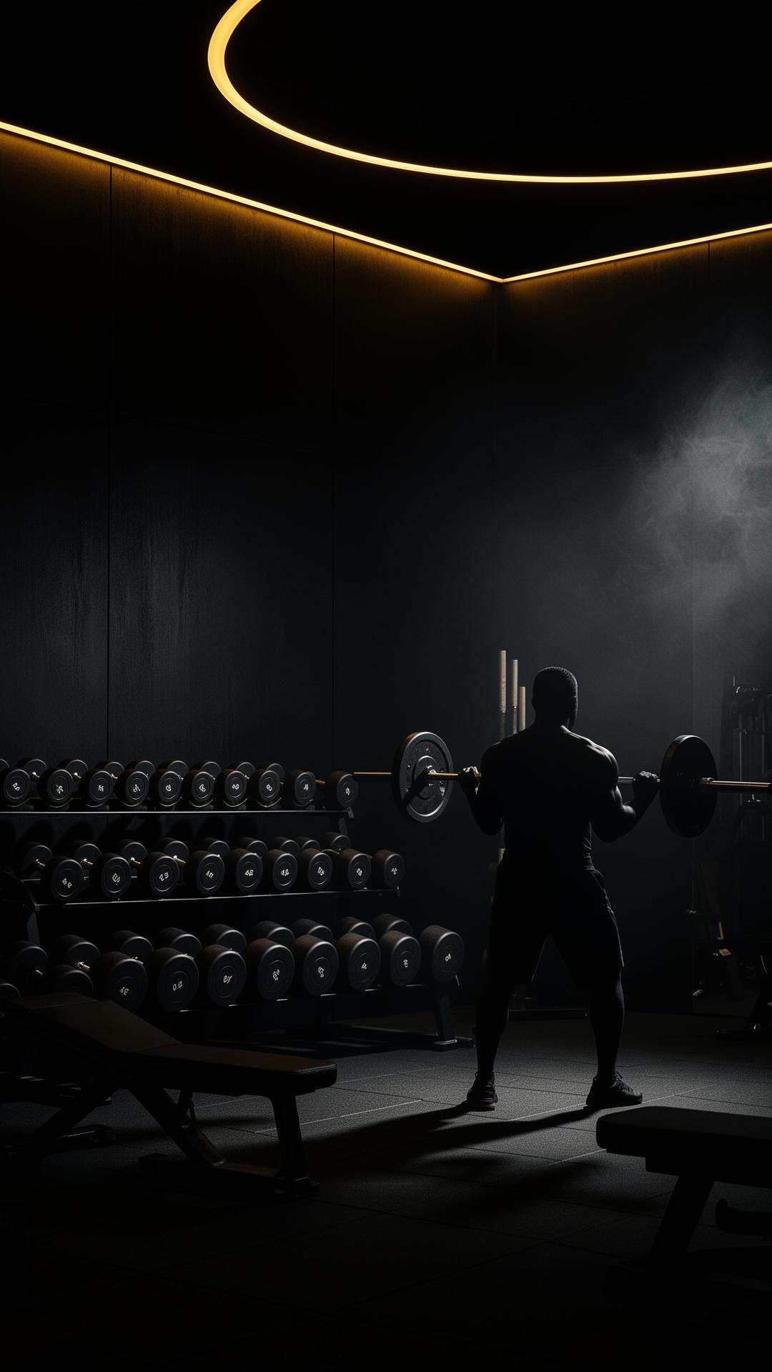 Karanlık lüks spor salonunda ağırlık çalışan sporcu silueti
